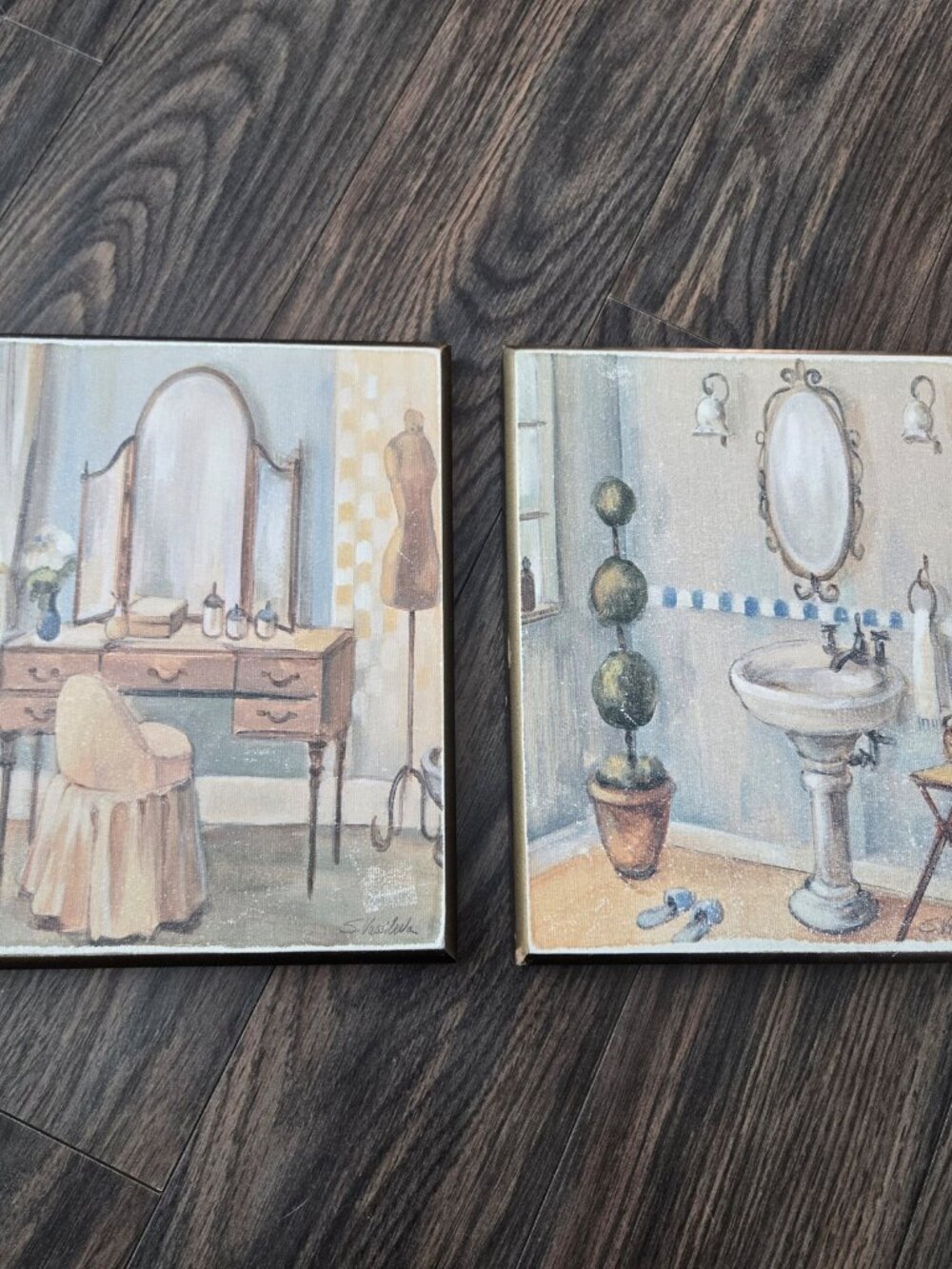 Pair of Vintage Style Boudoir Scenes on Wood Artwork by artist "S. Vassileva"